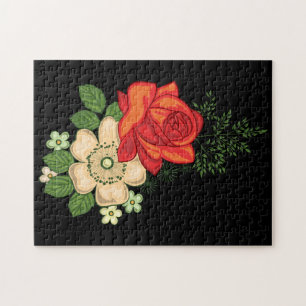 Red Rose and Daisies Black Background Jigsaw Puzzle