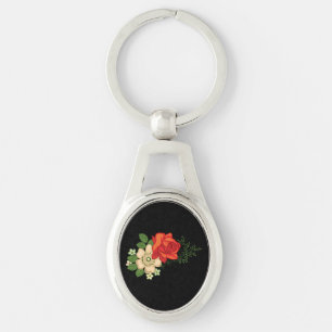 Red Rose and Daisies Black Background Keychain