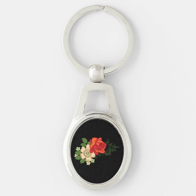 Red Rose and Daisies Black Background Keychain (Front)