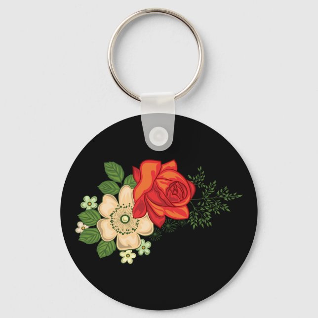 Red Rose and Daisies Black Background Keychain (Front)