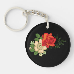Red Rose and Daisies Black Background Keychain