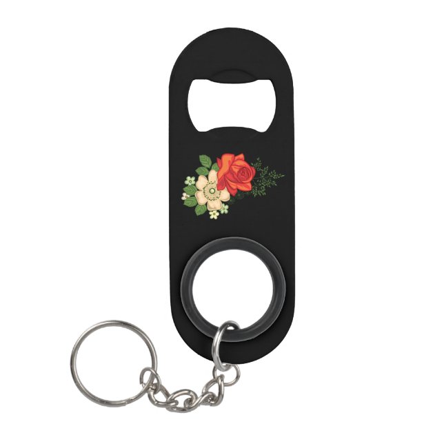 Red Rose and Daisies Black Background Keychain Bottle Opener (Front)