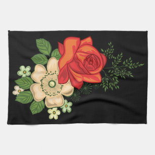 Red Rose and Daisies Black Background Kitchen Towel