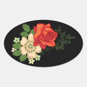 Red Rose and Daisies Black Background Oval Sticker