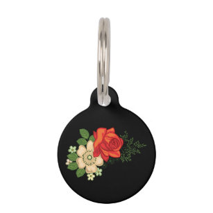 Red Rose and Daisies Black Background Pet Tag