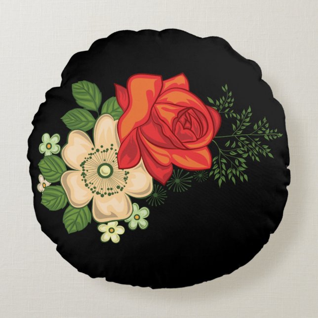 Red Rose and Daisies Black Background Round Pillow (Front)