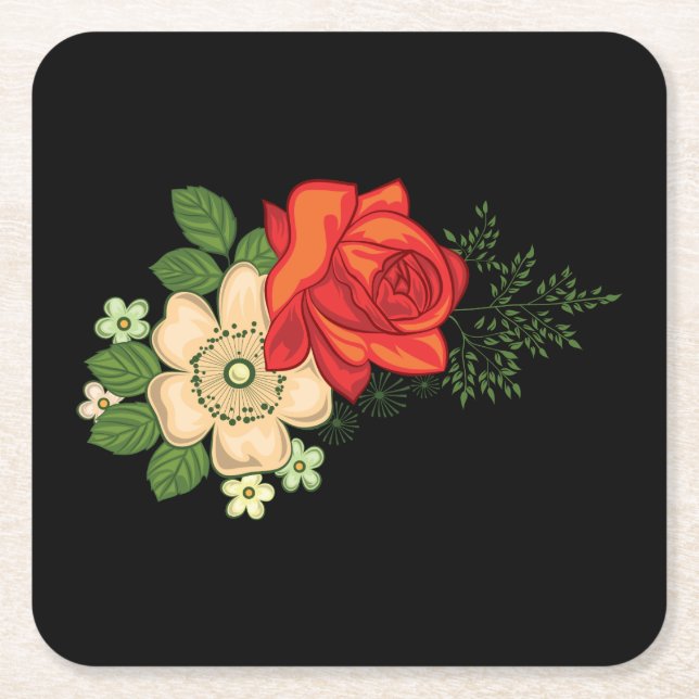 Red Rose and Daisies Black Background Square Paper Coaster (Front)