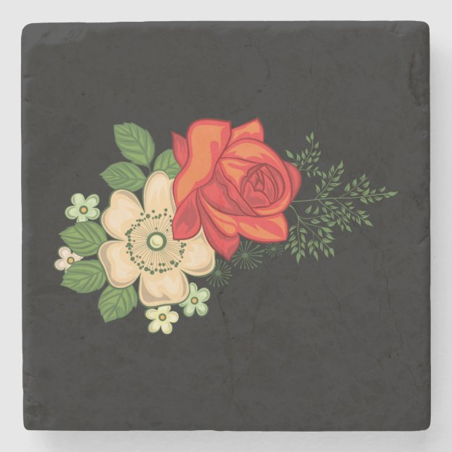 Red Rose and Daisies Black Background Stone Coaster (Front)