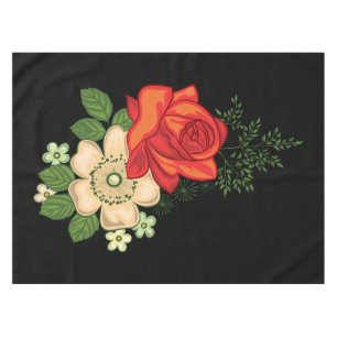 Red Rose and Daisies Black Background Tablecloth