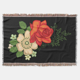 Red Rose and Daisies Black Background Throw Blanket