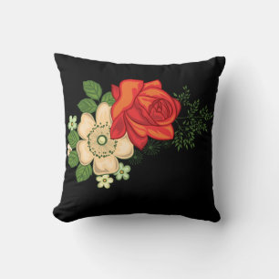 Red Rose and Daisies Black Background Throw Pillow