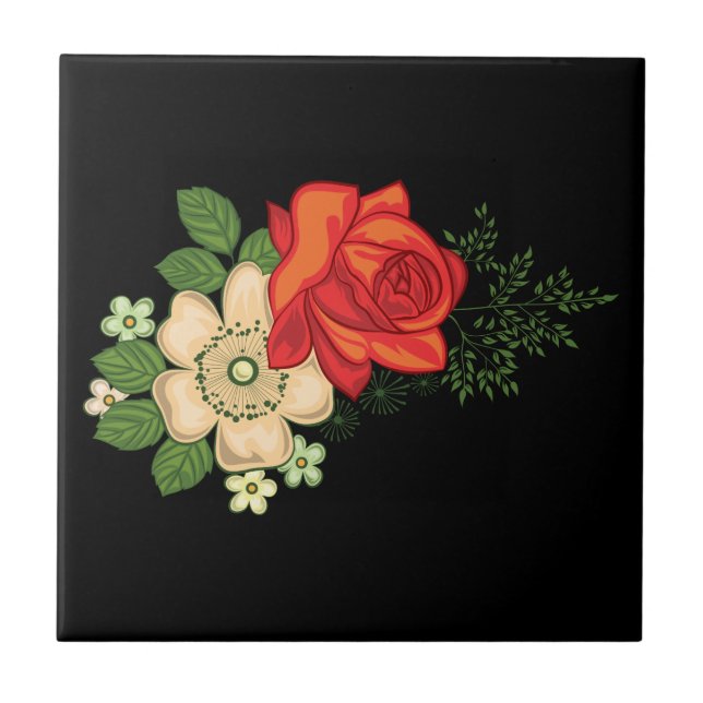 Red Rose and Daisies Black Background Tile (Front)