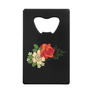 Red Rose and Daisies Black Background Wallet Bottle Opener