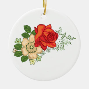 Red Rose and Daisies Ceramic Ornament