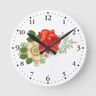 Red Rose and Daisies Clockface 1 Black Round Clock