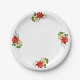 Red Rose and Daisies Design Paper Plate