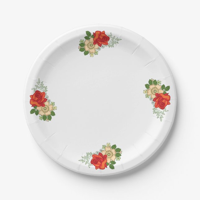 Red Rose and Daisies Design Paper Plate (Front)