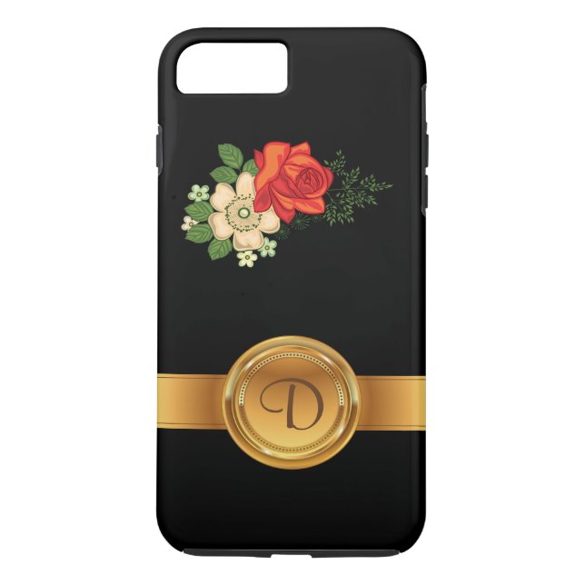 Red Rose and Daisies Gold Monogram Name Case-Mate iPhone Case (Back)