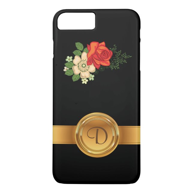 Red Rose and Daisies Gold Monogram Name Case-Mate iPhone Case (Back)