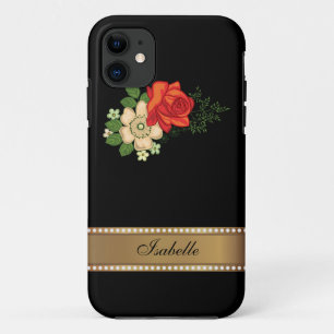 Red Rose and Daisies Gold Personalized Name iPhone 11 Case