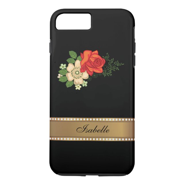 Red Rose and Daisies Gold Personalized Name Case-Mate iPhone Case (Back)