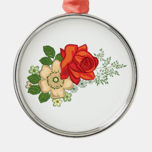 Red Rose and Daisies Metal Ornament