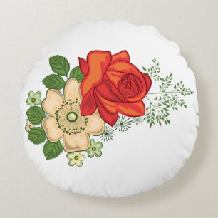 Red Rose and Daisies Round Pillow