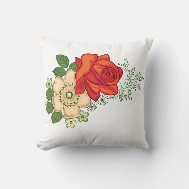Red Rose and Daisies Throw Pillow (Front)