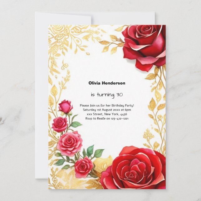 Red Rose and Gold 30th Birthday Invitation (Front)