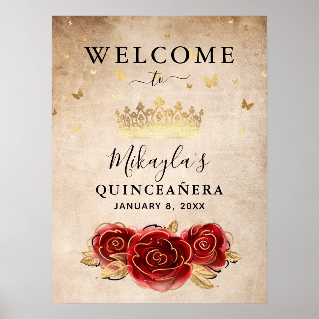 Red Rose and Gold Crown Elegant Welcome Party Poster (Front)