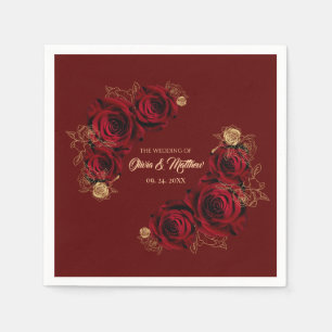 Red Rose and Gold Floral Wedding Napkin