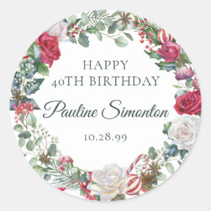 Red Rose and Holly 40th Birthday Elegant Classic Round Sticker