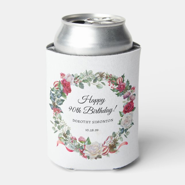 Red Rose and Holly 90th Birthday Elegant Can Cooler (Can Front)