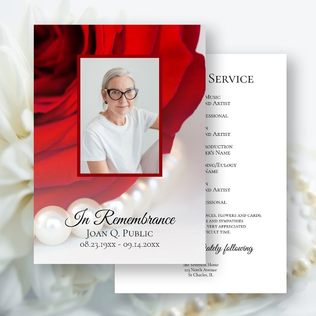 Red Rose and Pearls Funeral Memorial Service Program (Creator Uploaded)