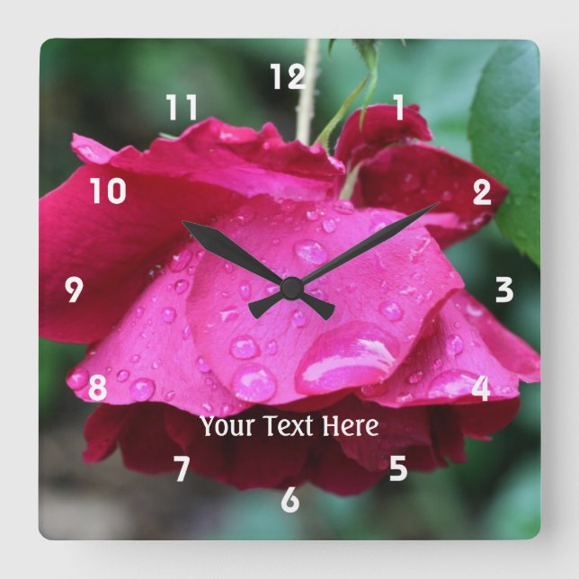 Red Rose And Raindrops Nature Square Wall Clock (Front)