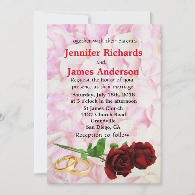 Red Rose and Wedding Rings Wedding Invitation (Front)