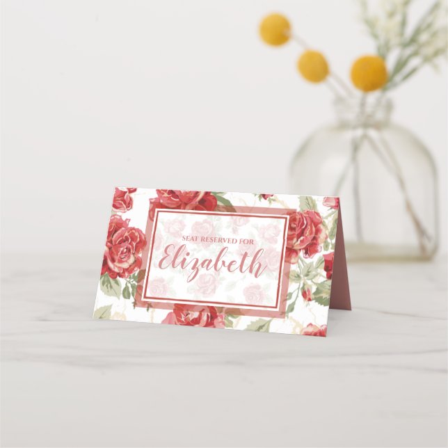 Red rose and white classic print place card (Front)