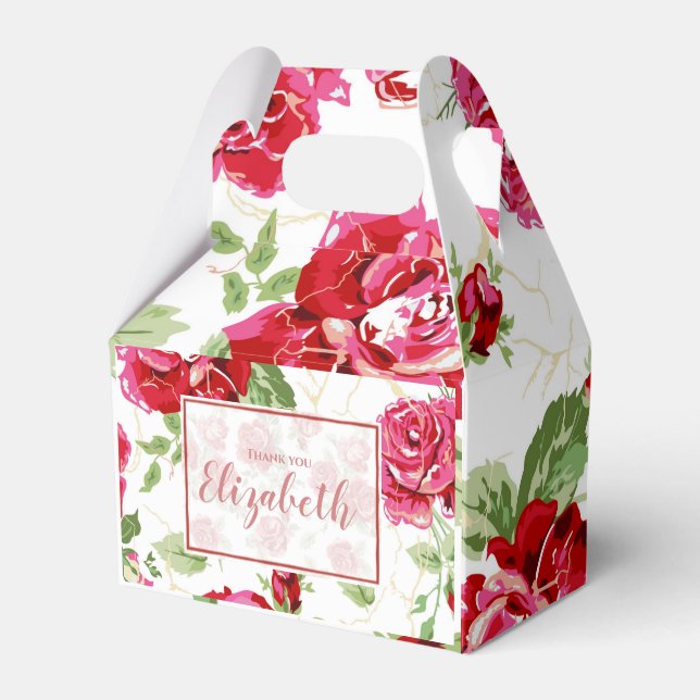 Red rose and white classic print place card favour favor box (Front Side)