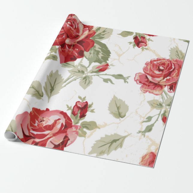 Red rose and white classic print wrapping paper (Unrolled)