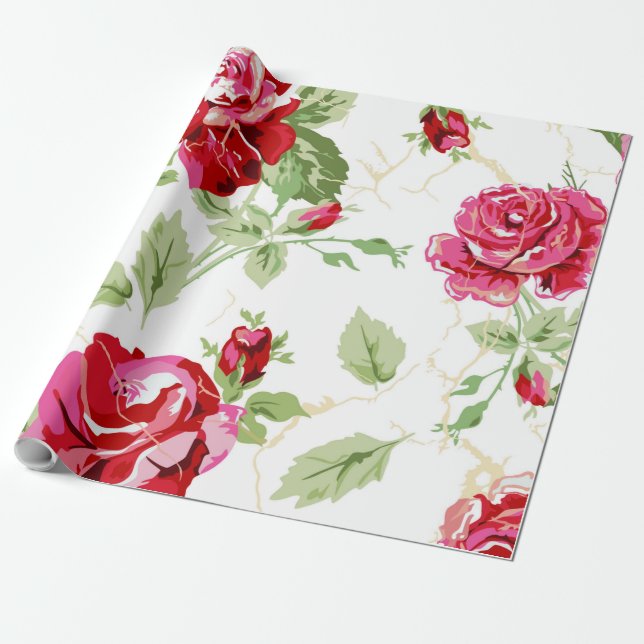 Red rose and white classic print wrapping paper (Unrolled)
