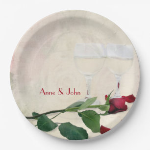 Red Rose and Wine Anniversary Party Paper Plate