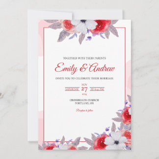 Red Rose Anemone Elegant Floral Watercolor Wedding Invitation