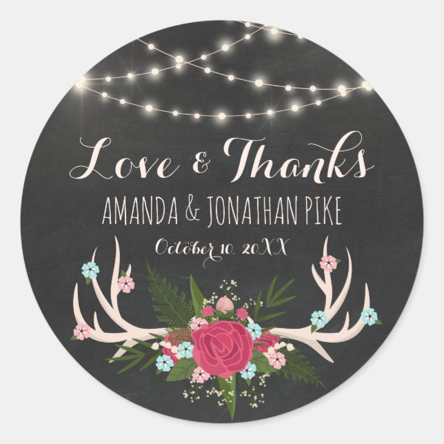 Red Rose Antlers - Rustic Wedding Love & Thanks Classic Round Sticker (Front)