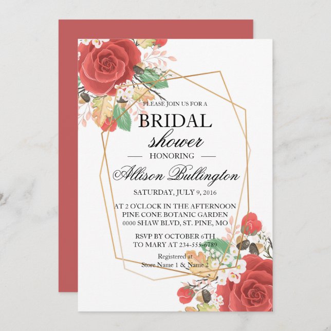 Red rose autumn  Bridal Shower Invitation (Front/Back)