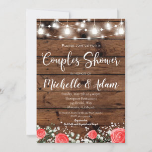 Red Rose Baby's Breath Couples Shower Rustic Invitation