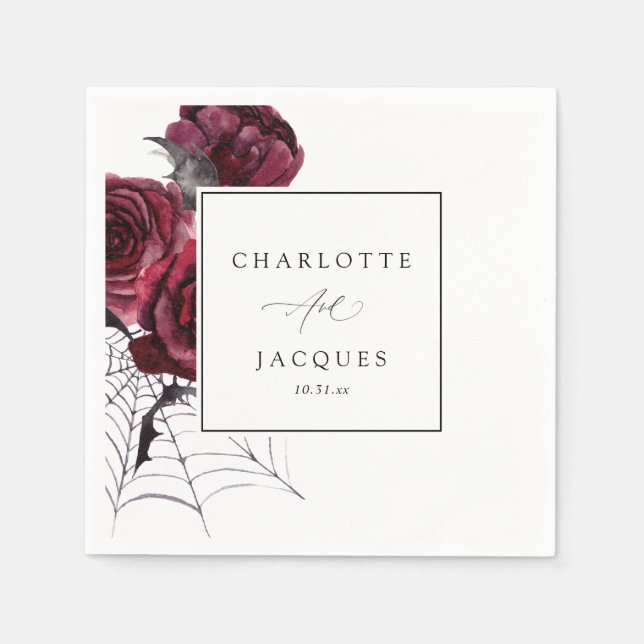 Red Rose & Bats Halloween Wedding- White Napkin (Front)