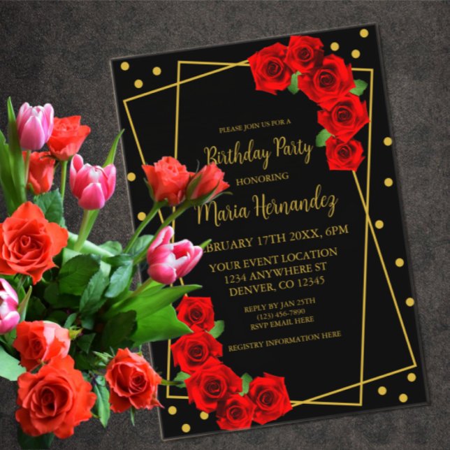 Red Rose Black and Gold Birthday Acrylic Invitations (Creator Uploaded)
