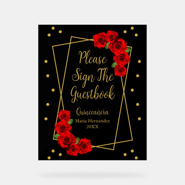 Red Rose Black and Gold Quinceañera Acrylic Sign (Front)