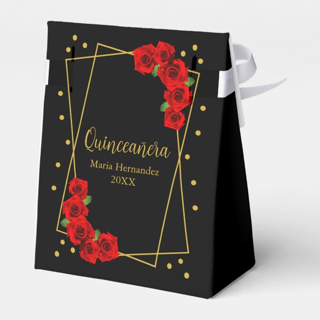 Red Rose Black and Gold Quinceañera Favor Box (Back Side)