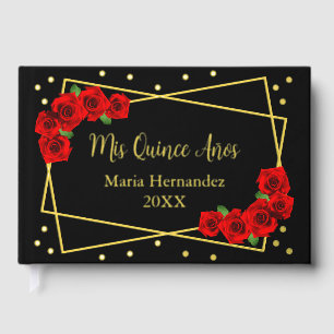 Red Rose Black and Gold Quinceañera Guest Book